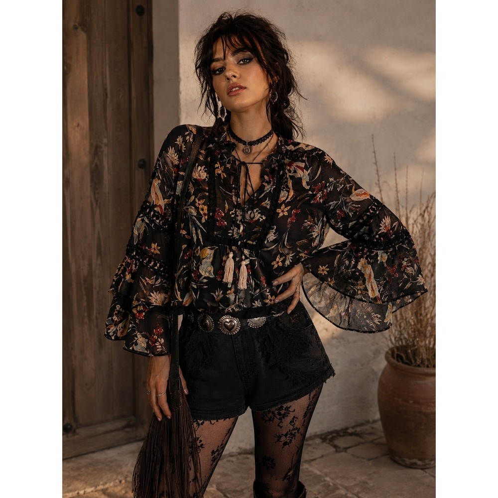 Anthro Maeve Odette Floral Whimsigoth Blouse Black Sheer Tiered Bell Sleeve XS